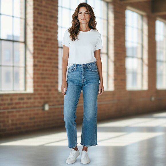 Express Cropped Flare Hi Rise Jeans Wmn's Sz 4 Frayed Stonewashed Stretch Denim - Picture 4 of 16